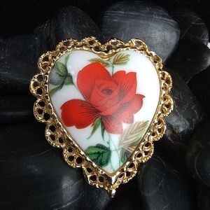 Heart Milk Glass Brooch Pin Applied Rose Transfer Gold tone Filigree Setting
